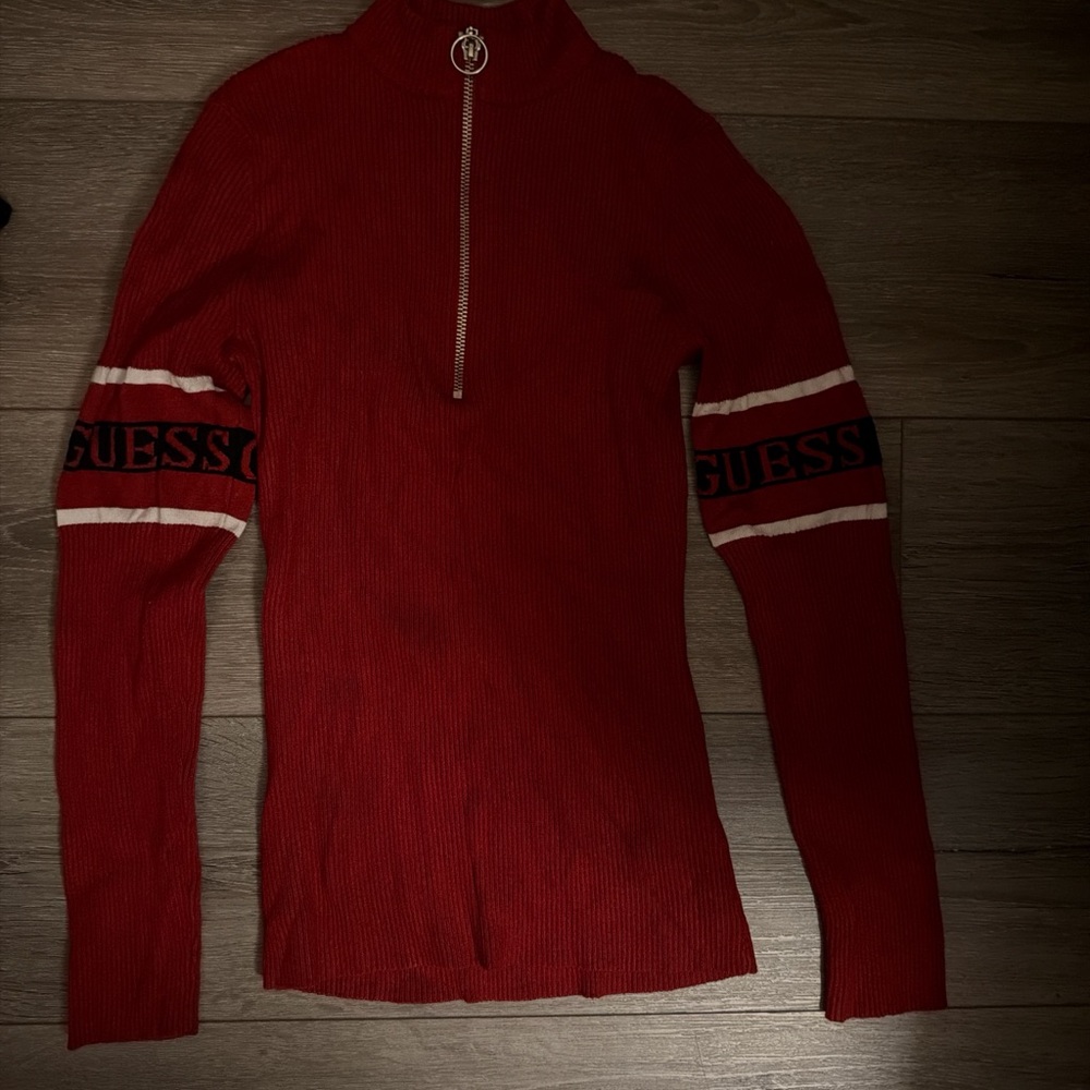Guess Red Knit Top with Logo Sleeves